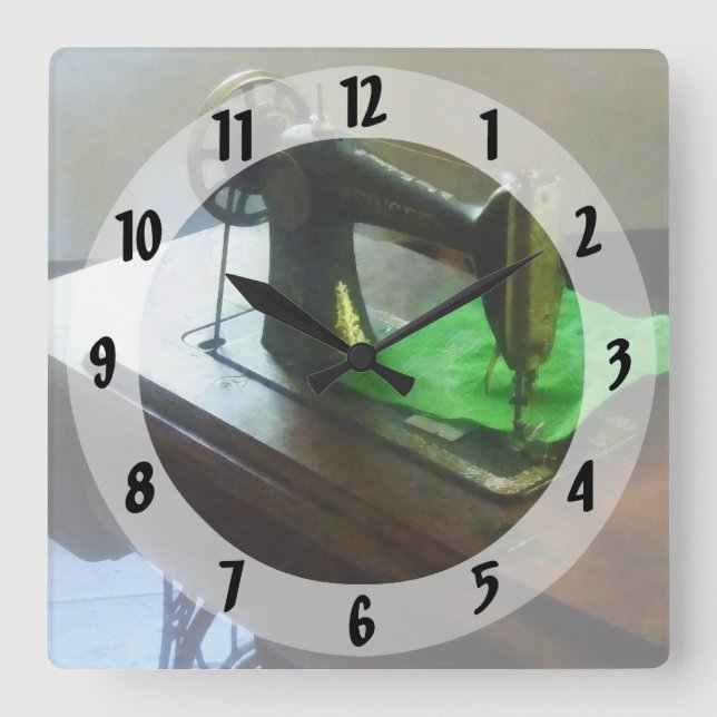 Sewing Machine With Green Cloth Square Wall Clock (Front)