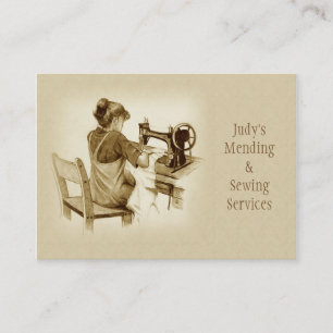 Sewing, Mending Business Card: Sepia Drawing, Girl Business Card