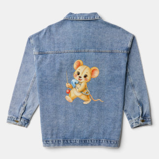 Sewing mouse with needle and thread denim jacket