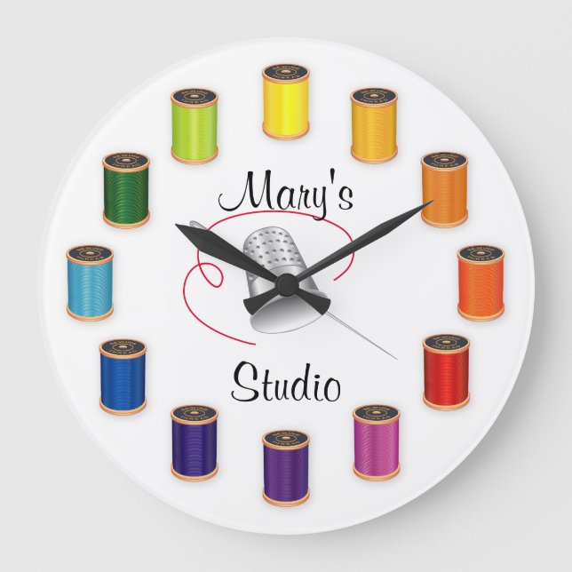 Sewing Needle, Thread, Thimble, Customize the text Large Clock (Front)