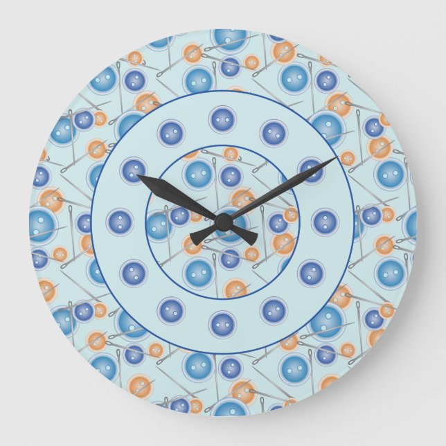 Sewing Needles and Buttons Pattern Blue Large Clock (Front)