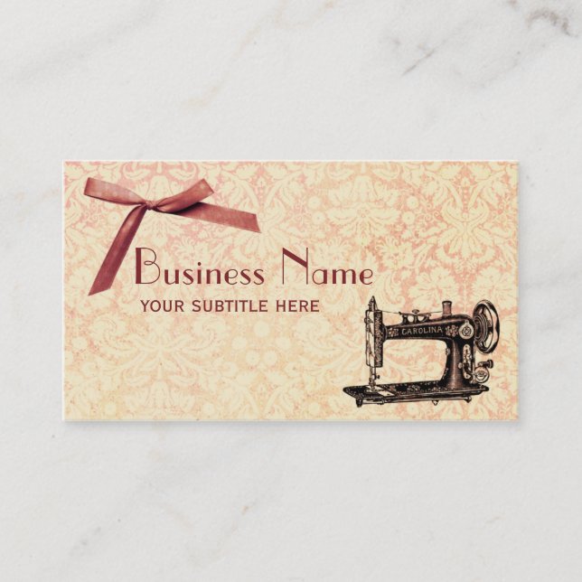 Sewing Pink Bow Damask Vintage Business Card (Front)