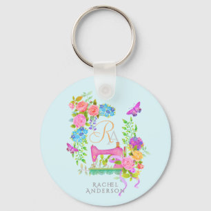 Sewing Ribbon Floral Monogram Blue Keychain