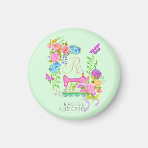 Sewing Ribbon Floral Monogram Green Keychain Magnet
