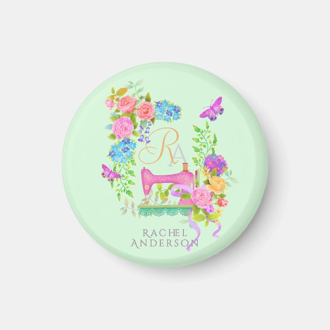 Sewing Ribbon Floral Monogram Green Keychain Magnet (Front)