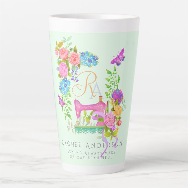 Sewing Ribbon Floral Monogram Green Latte Mug (Front)