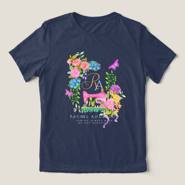 Sewing Ribbon Floral Monogram Navy Tri-Blend Shirt (Design Front)