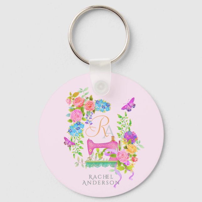 Sewing Ribbon Floral Monogram Pink Keychain (Front)