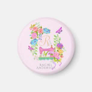 Sewing Ribbon Floral Monogram Pink Keychain Magnet
