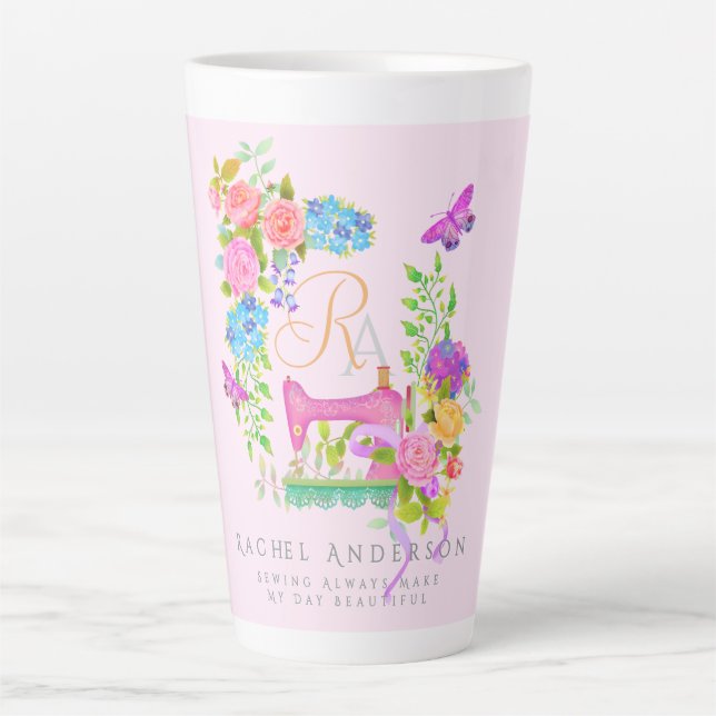 Sewing Ribbon Floral Monogram Pink Latte Mug (Front)