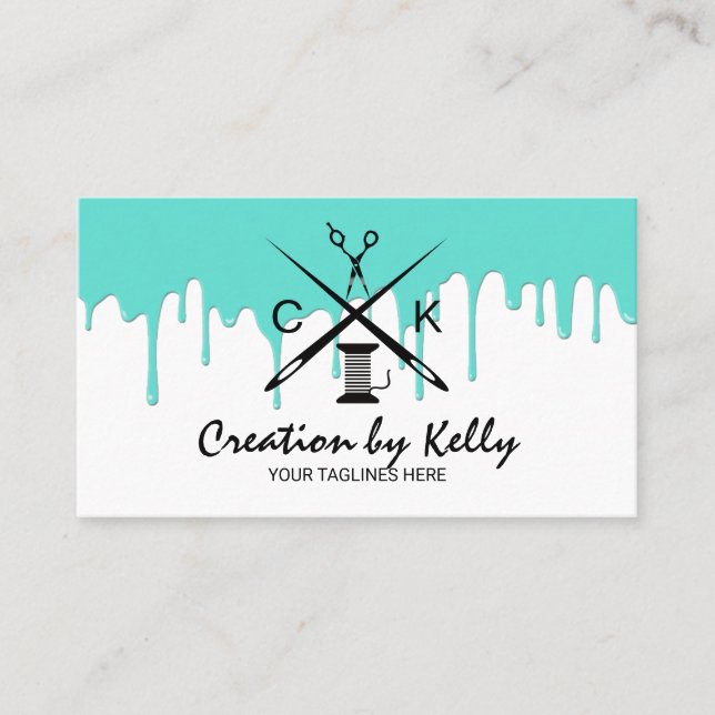 Sewing Seamstress Dressmaker Modern Teal Drips Business Card (Front)