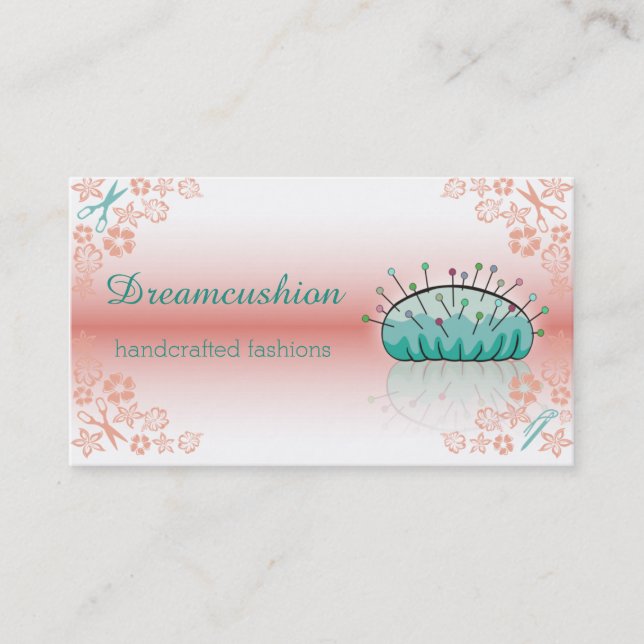 Sewing seamstress pincushion reflection coral mint business card (Front)