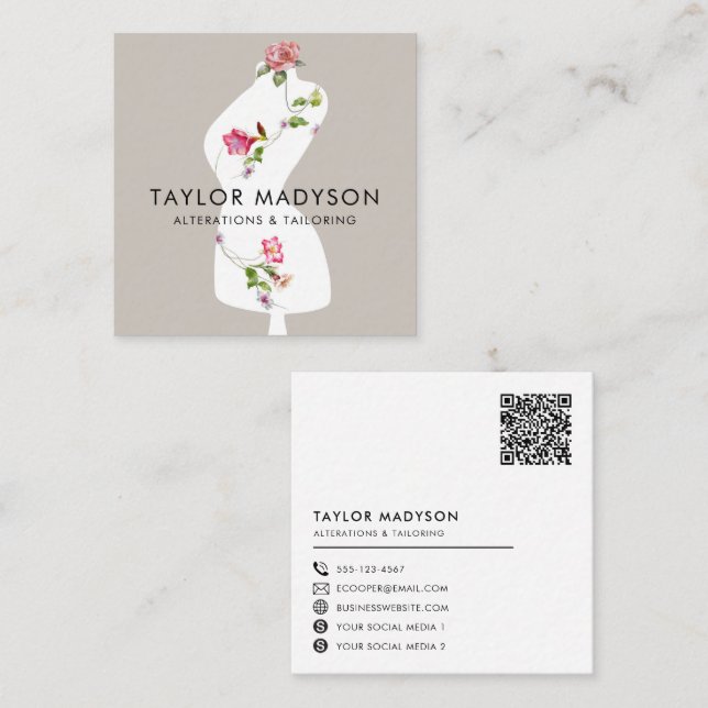 Sewing Seamstress Tailor Mannequin Flowers QR code Square Business Card (Front/Back)