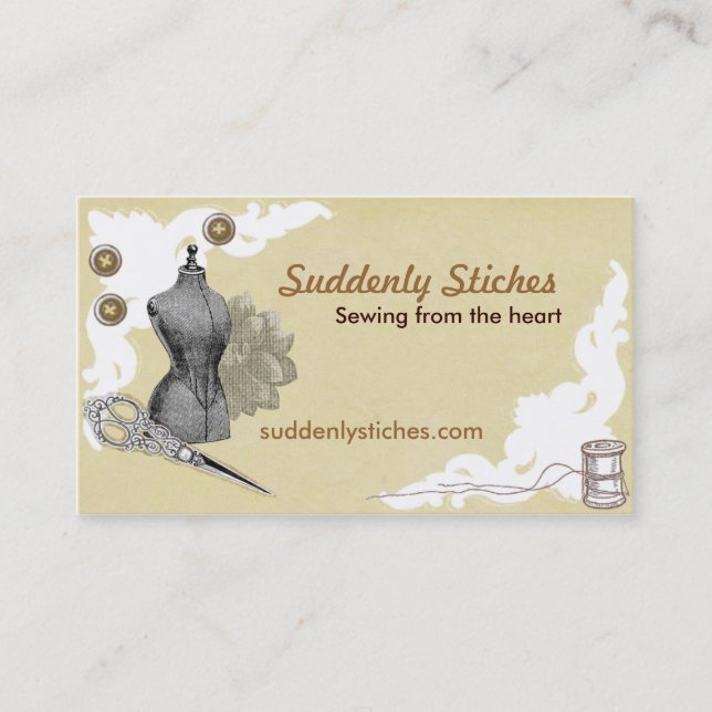 Sewing Seamstress Vintage Beige Business Card (Front)