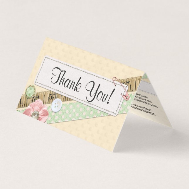 Sewing Stitches Button & Ribbon Thank You Card (Front)