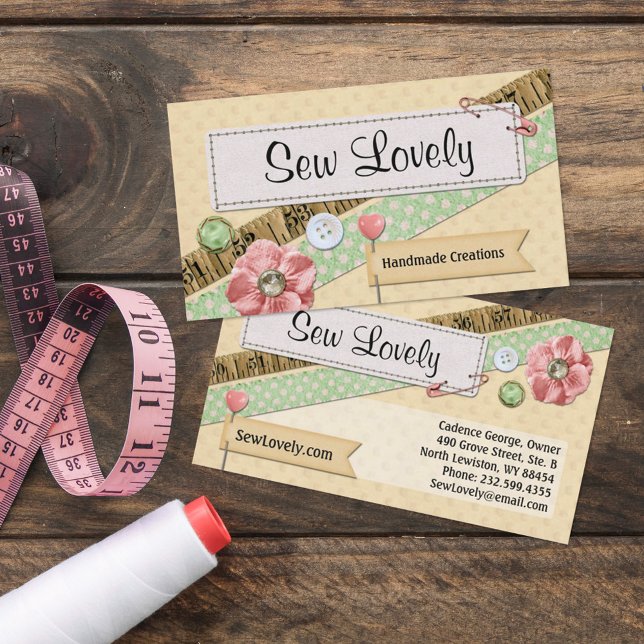 Sewing Stitches, Buttons & Ribbon Shabby Chic Pink Business Card (Creator Uploaded)