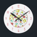 Sewing Themed Clock<br><div class="desc">A clock featuring a sewing themed design consisting of illustrations of pin cushions, sewing machines, sewing needles, fabric swatches, scissors, and spools of thread. Numerals are grey.</div>