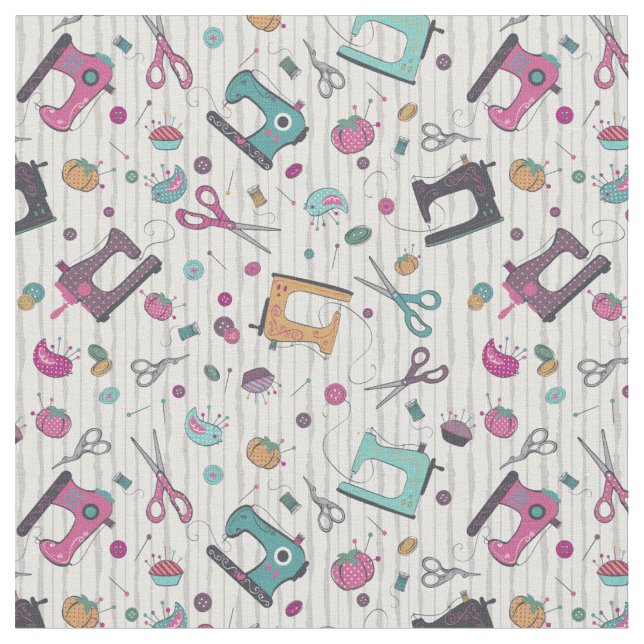 Sewing themed fabric, sewing illustrations print fabric (Close Up)