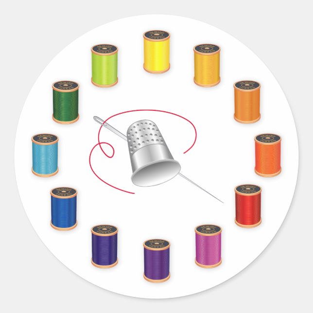 Sewing, Thimble, Needle and Thread Classic Round Sticker (Front)