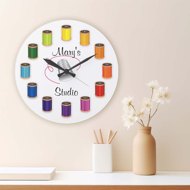 Sewing Thimble, Needle and Threads Large Clock (Time to Sew! Customize the text for this vivid large clock!)