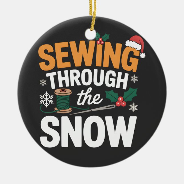Sewing Through the Snow Funny Christmas Quilt Ceramic Tree Decoration (Front)
