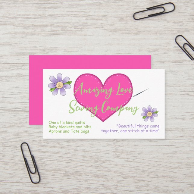 Sewn Heart and Purple Flowers Sewing Business Card (Front/Back In Situ)