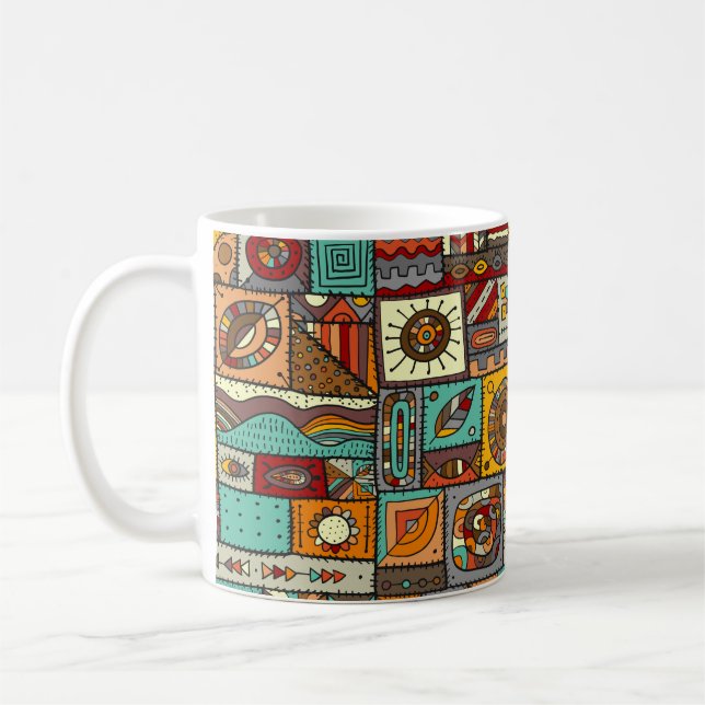 Sewn pieces of fabric in a patchwork style. Ethnic Coffee Mug (Left)