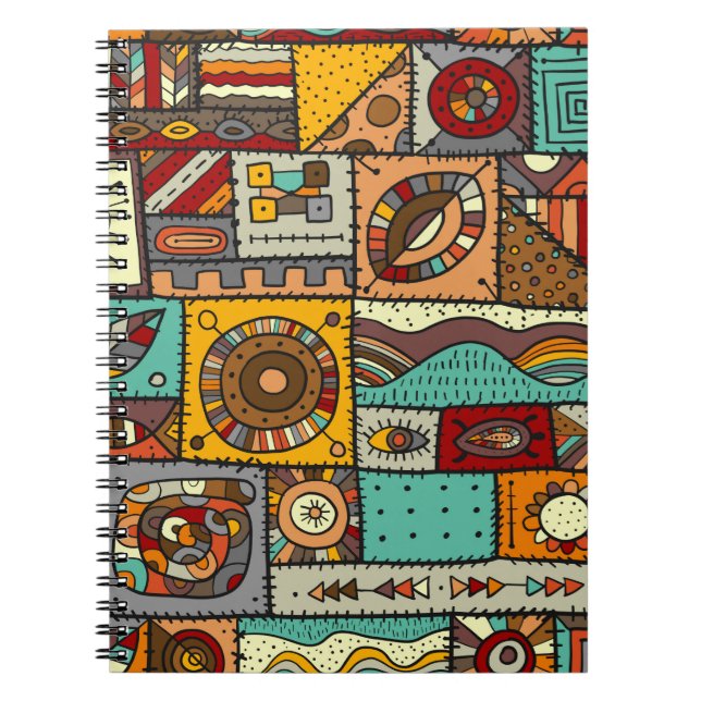 Sewn pieces of fabric in a patchwork style. Ethnic Notebook (Front)