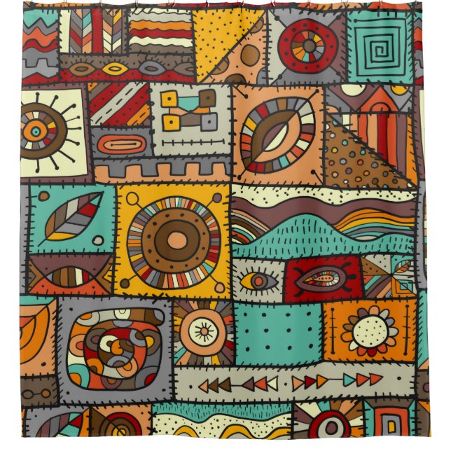 Sewn pieces of fabric in a patchwork style. Ethnic Shower Curtain (Front)