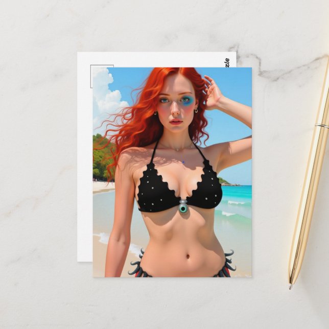 Sexy Black Bikini Scifi Lady Postcard (Front/Back In Situ)