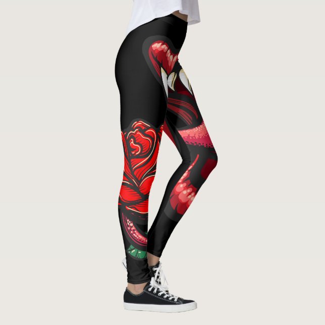 Sexy Goth Vampire Teeth And Rose Leggings (Right)