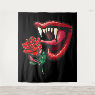 Sexy Goth Vampire Teeth And Rose Tapestry