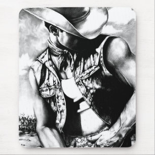 Sexy Modern Cowboy Black And White Charcoal Sketch Mouse Pad