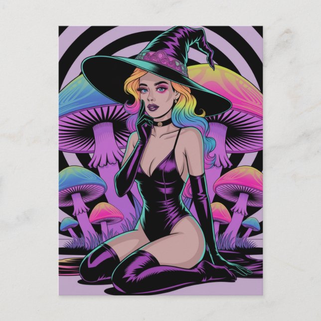 Sexy Witch with Colorful Hair and Mushrooms Postcard (Front)