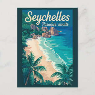 Seychelles Beach Illustration Travel Art Vintage Postcard