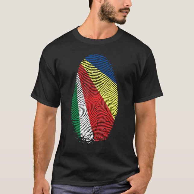 Seychelles Flag Fingerprint In my DNA for Seychell T-Shirt (Front)
