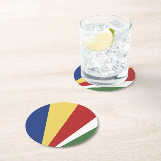 Seychelles flag round paper coaster (Insitu)