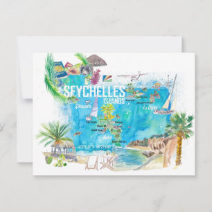 Seychelles Islands Illustrated Travel Map Postcard