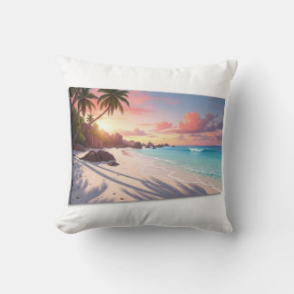 Seychelles Sunrise Beach Throw Pillow