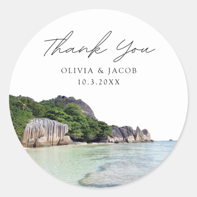 Seychelles Wedding Favour Photo Thank You Classic Round Sticker (Front)