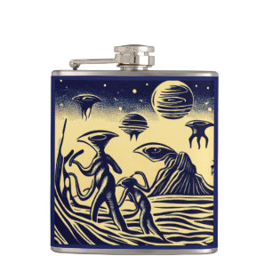 SF - Aliens On A Strange Planet Woodcut 1 Hip Flask