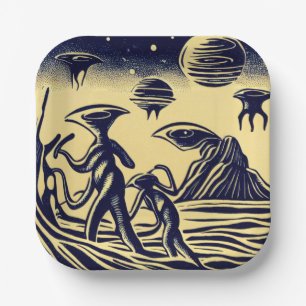 SF - Aliens On A Strange Planet Woodcut 1 Paper Plate