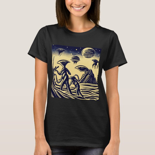 SF - Aliens On A Strange Planet Woodcut 1 T-Shirt (Front)