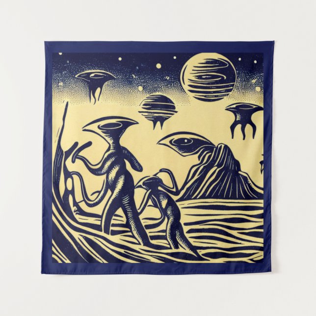 SF - Aliens On A Strange Planet Woodcut 1 Tapestry (Front)