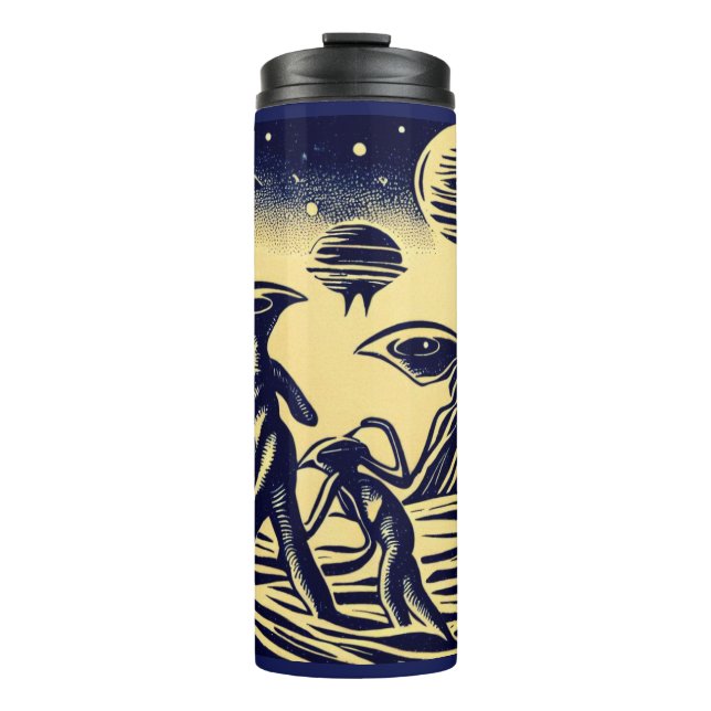 SF - Aliens On A Strange Planet Woodcut 1 Thermal Tumbler (Front)