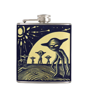 SF - Aliens On A Strange Planet Woodcut 2 Hip Flask