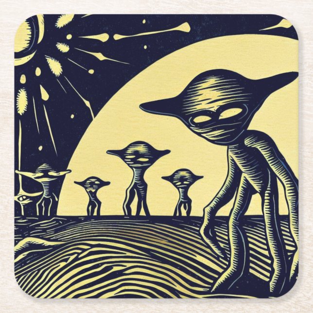 SF - Aliens On A Strange Planet Woodcut 2 Square Paper Coaster (Front)