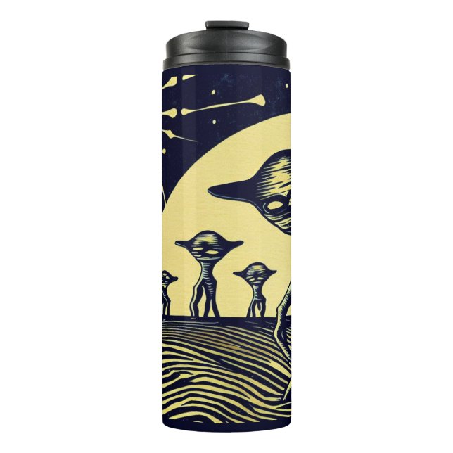 SF - Aliens On A Strange Planet Woodcut 2 Thermal Tumbler (Front)