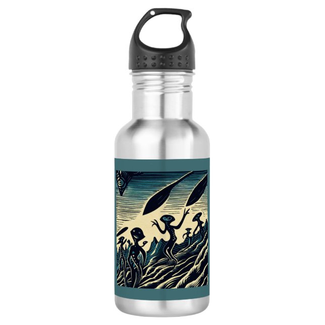 SF - Aliens On A Strange Planet Woodcut 3 532 Ml Water Bottle (Front)
