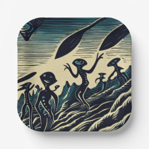 SF - Aliens On A Strange Planet Woodcut 3 Paper Plate